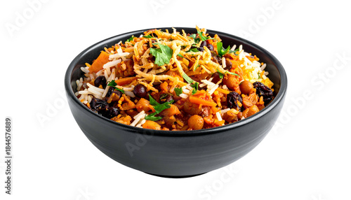 A black bowl overflowing with spiced rice, chickpeas, carrots, raisins, and herbs
