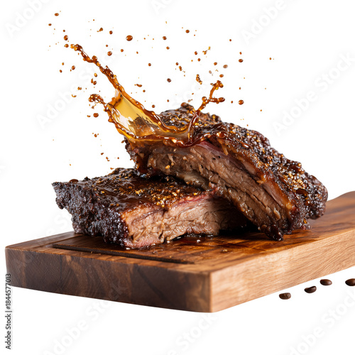 Barbecue Smoked Brisket Slice with Coffee Splash on Wooden Board - Bold Flavor Isolated on Transparent Background