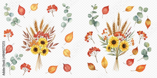 Watercolor autumn bouquets with sunflowers, wheat, berries, and colorful fall leaves on transparent background.