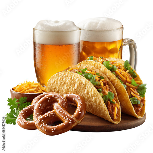 Beer, Soft-Shell Tacos & Pretzels with Cheese Sauce - Party Snack Trio Isolated on Transparent Background