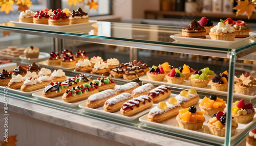 Assorted holiday pastries in bakery display