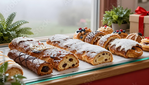 Assorted holiday pastries in bakery display