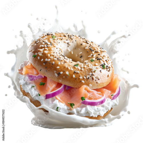 Bagel with Cream Cheese, Red Onion & Cold-Smoked Salmon in Milk Splash - Gourmet Breakfast Isolated on Transparent Background 