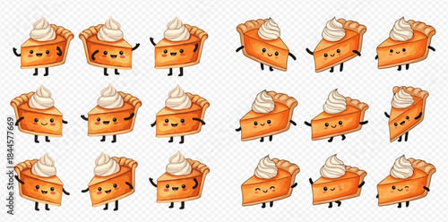 Cute cartoon pumpkin pie slices with whipped cream and happy faces, perfect for Thanksgiving or autumn dessert themes.