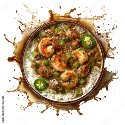 White Rice with Green Okra in Brown Sauce - Savory Dish Isolated on Transparent Background