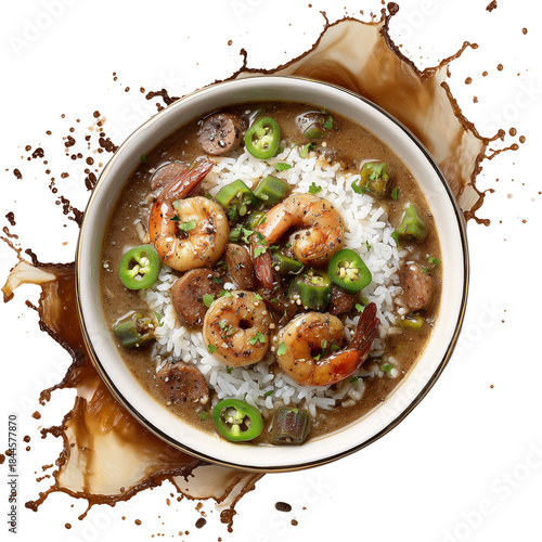 White Rice with Green Okra in Brown Sauce - Savory Dish Isolated on Transparent Background
