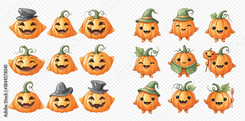 Collection of cute and funny Halloween pumpkin characters with various expressions and costumes, watercolor illustration set.