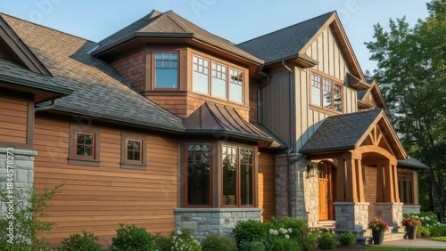 Wallpaper Mural Elegant modern wooden house with stone accents and lush greenery Torontodigital.ca