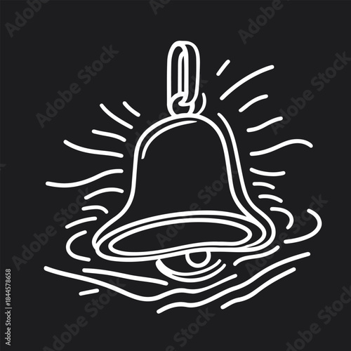 Bold single-line art of a bell ringing with sound waves, continuous thick stroke, minimal New Year celebration concept 2