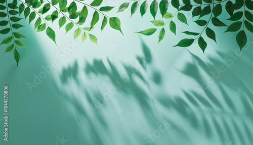 Wallpaper Mural Sunlight filters through lush green leaves, casting dappled shadows on a serene teal backdrop, evoking a tranquil natural ambiance Torontodigital.ca