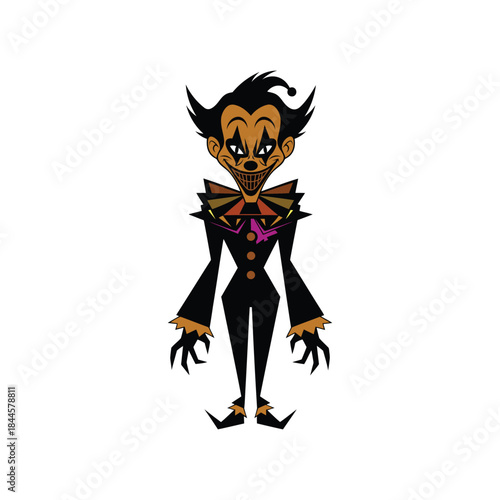 Creepy evil clown jester vector character illustration standing with scary smile.eps