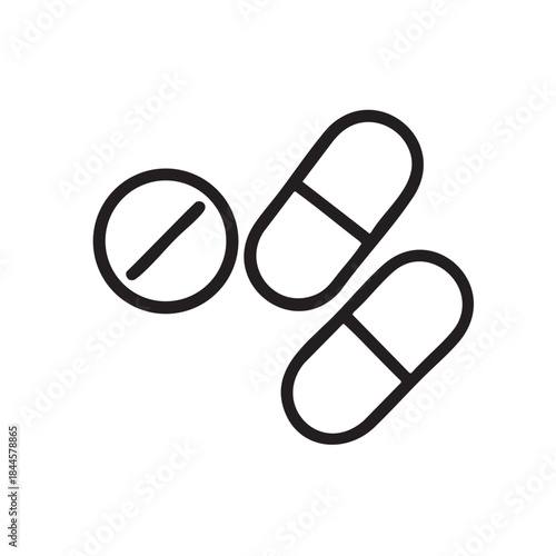 Simple black and white illustration depicting a round tablet and two oblong capsule shaped pills