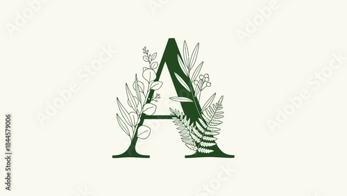 Elegant Green Monogram Letter A Decorated with Botanical Leaves and Ferns