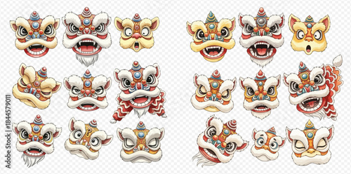 Collection of traditional Chinese lion dance heads in various expressions and styles for cultural celebrations.