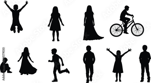 Children silhouette set, kids in motion, playful poses, black vector, diverse activities, standing, running, jumping, cycling, sitting, walking, dancing, expressive postures, childhood moments