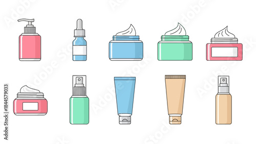 Collection of various skincare and cosmetic product containers depicted in a minimalist line art