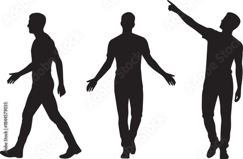 Silhouette of three men poses walking, standing open arms, and pointing up