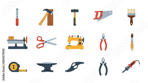 Collection of Various Hand Tools and Crafting Instruments Icon Set