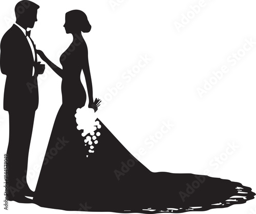 Silhouette of bride and groom facing each other on their wedding day
