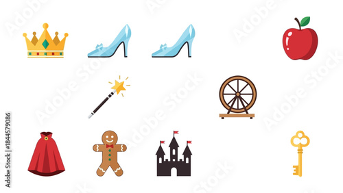 Fairy Tale Icons Collection Featuring Crown Glass Slippers Magic Wand Apple Castle Gingerbread
