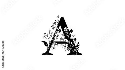 Elegant black letter A adorned with delicate floral vine elements on a white background