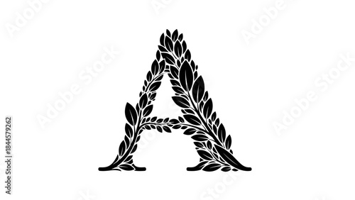Elegant Botanical Letter A Monogram Black Leaves White Background Decorative Alphabet