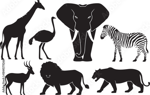 Collection of african safari animal silhouettes giraffe, elephant, ostrich, zebra, antelope, and lions