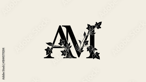 Elegant Black Letter AM Monogram with Delicate Ivy Flourish on Cream Background