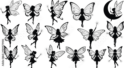 Fairy silhouette set, magical wings, fantasy pose, black vector, wand sparkle, crescent moon, whimsical art, folklore theme, enchanted figures, mystical design