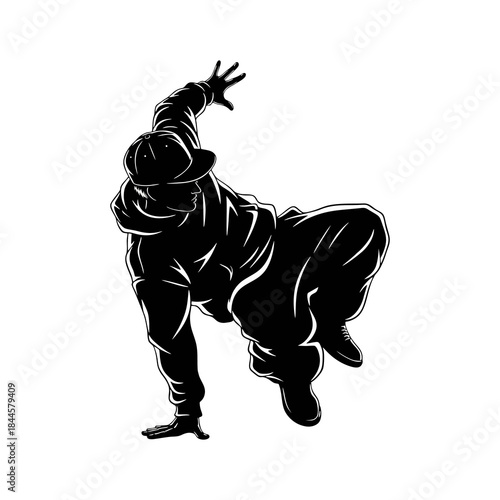 The silhouette of a young man dancing on white background
