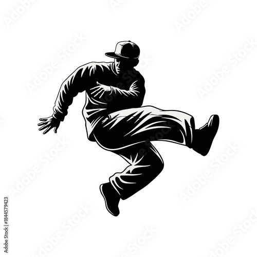 The silhouette of a young man dancing on white background