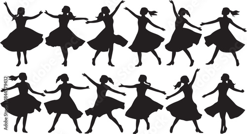 Set of twelve silhouettes of women dancing in flowing dresses