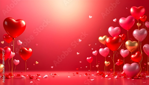 valentine’s Day sale banner with floating balloons, glowing hearts, and gradient red background.