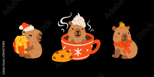 Cute Christmas capybara sticker set. funny cozy holiday vector illustration with Santa capybara, snowman, gifts, tree, wreath and hot cocoa. adorable kawaii animal collection for print and design