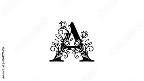Elegant Floral Letter A Monogram Black and White Design