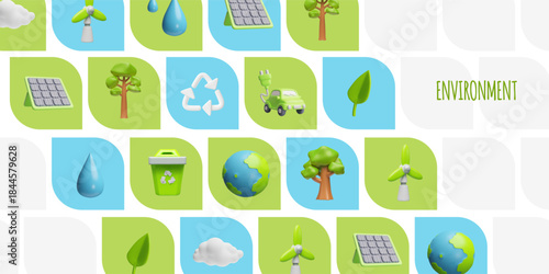 Environment, green energy 3D cartoon style vector banner design, solar panel, electric car, windmill, recycle sign