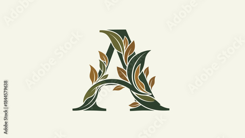 Elegant Letter A adorned with organic green leaves and autumnal foliage graphic art
