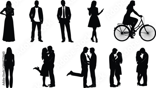 People silhouette set, fashion poses, romantic couples, black vector,