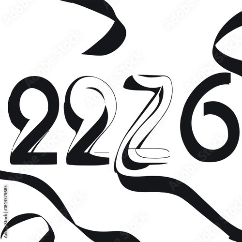 Abstract minimal line art of ‘2026’ numbers blended with flowing ribbon shapes, clean vector outlines, modern New Year typography concept 1