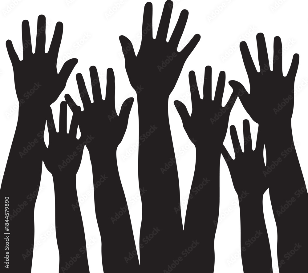 Fototapeta premium Silhouette of many raised hands reaching upward in unity or voting