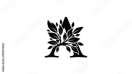 Elegant Black Letter A Adorned with Delicate Green Foliage and Branches Symbolizing Growth