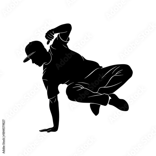 The silhouette of a young man dancing on white background