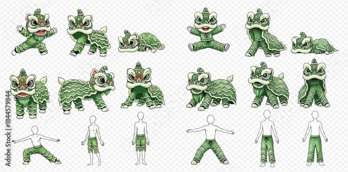 Traditional Chinese lion dance costume and performer poses in various green designs.