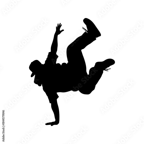 The silhouette of a young man dancing on white background
