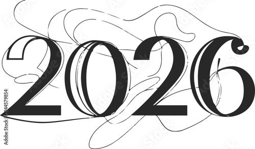 Abstract minimal line art of ‘2026’ numbers blended with flowing ribbon shapes, clean vector outlines, modern New Year typography concept