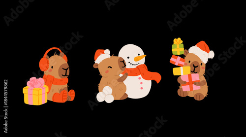 Cute Christmas capybara sticker set. funny cozy holiday vector illustration with Santa capybara, snowman, gifts, tree, wreath and hot cocoa. adorable kawaii animal collection for print and design