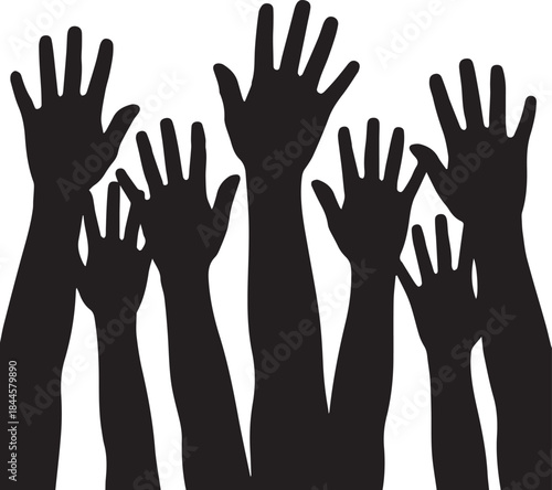 Silhouette of many raised hands reaching upward in unity or voting