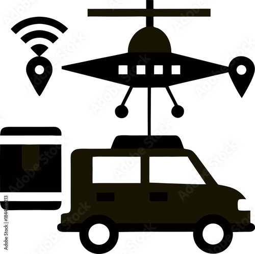 future transportation  flying taxi  drone deliver  silhouette icon vector on white background 