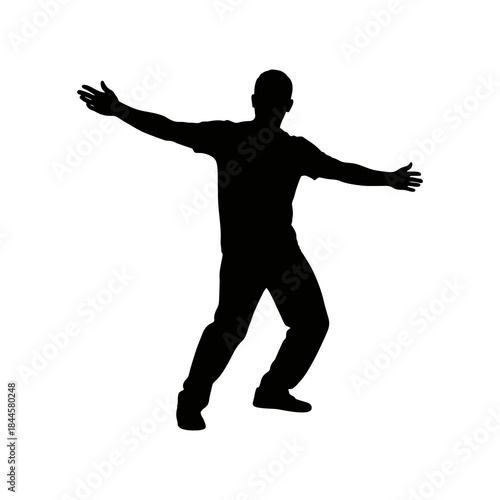 The silhouette of a young man dancing on white background