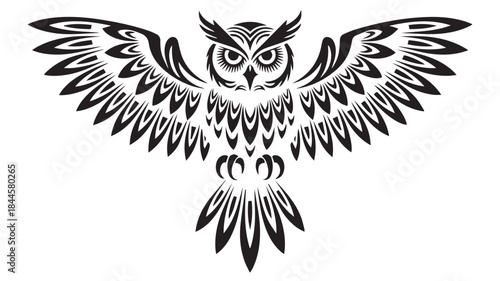 Stylized black and white owl with wings spread wide in flight
